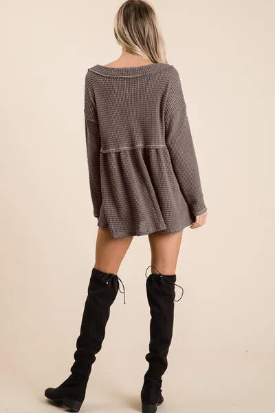 Sabelle Waffle Knit V-Neck Babydoll Blouse