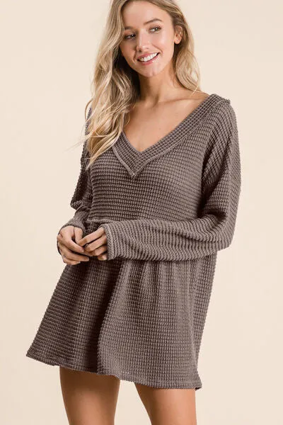 Sabelle Waffle Knit V-Neck Babydoll Blouse