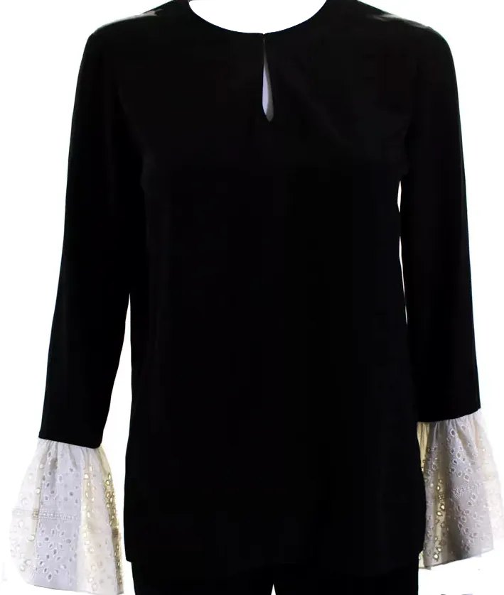 Saint Laurent Paris. Black Crepe Eyelet Bell Sleeve V-Neck Blouse Top