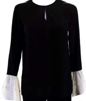 Saint Laurent Paris. Black Crepe Eyelet Bell Sleeve V-Neck Blouse Top