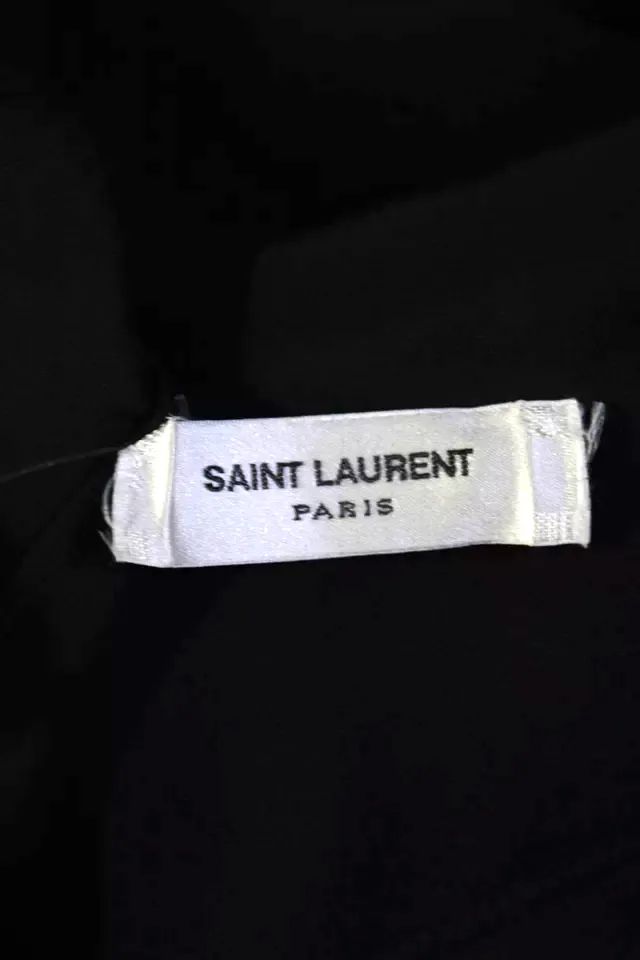 Saint Laurent Paris. Black Crepe Eyelet Bell Sleeve V-Neck Blouse Top