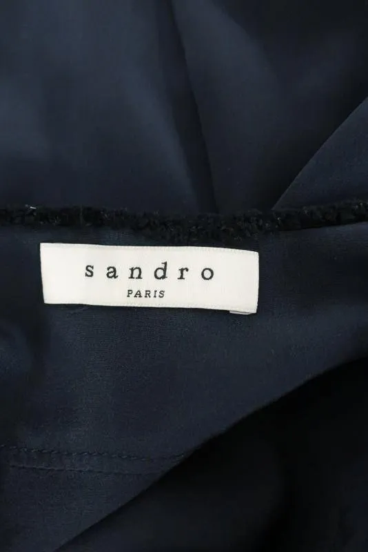 Sandro Blouse Edma Navy Grosgrain-Trim Silk Size 1 Long Sleeve V-Neck Top