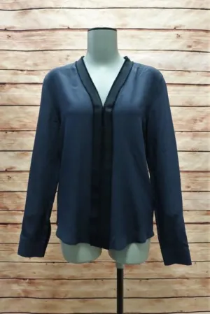 Sandro Blouse Edma Navy Grosgrain-Trim Silk Size 1 Long Sleeve V-Neck Top