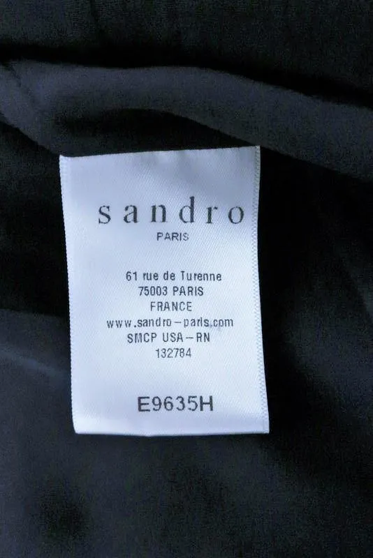 Sandro Blouse Edma Navy Grosgrain-Trim Silk Size 1 Long Sleeve V-Neck Top
