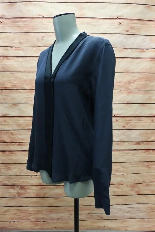 Sandro Blouse Edma Navy Grosgrain-Trim Silk Size 1 Long Sleeve V-Neck Top