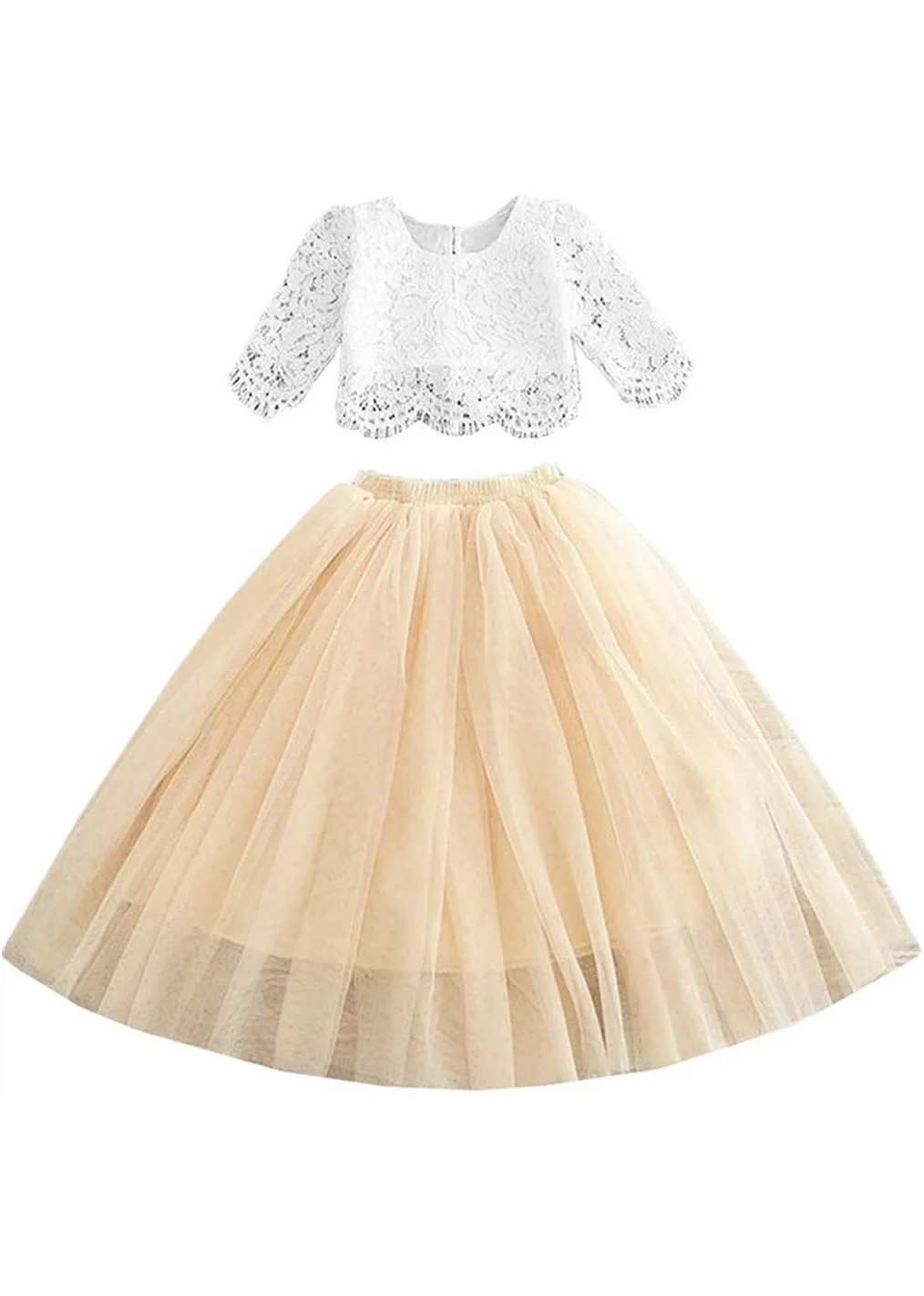 Scalloped Lace 2 Piece Girl Dress Set in Champagne