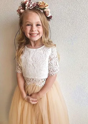 Scalloped Lace 2 Piece Girl Dress Set in Champagne