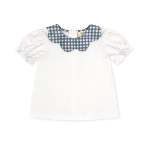 Scarlett Blouse - White, Stone Blue Check