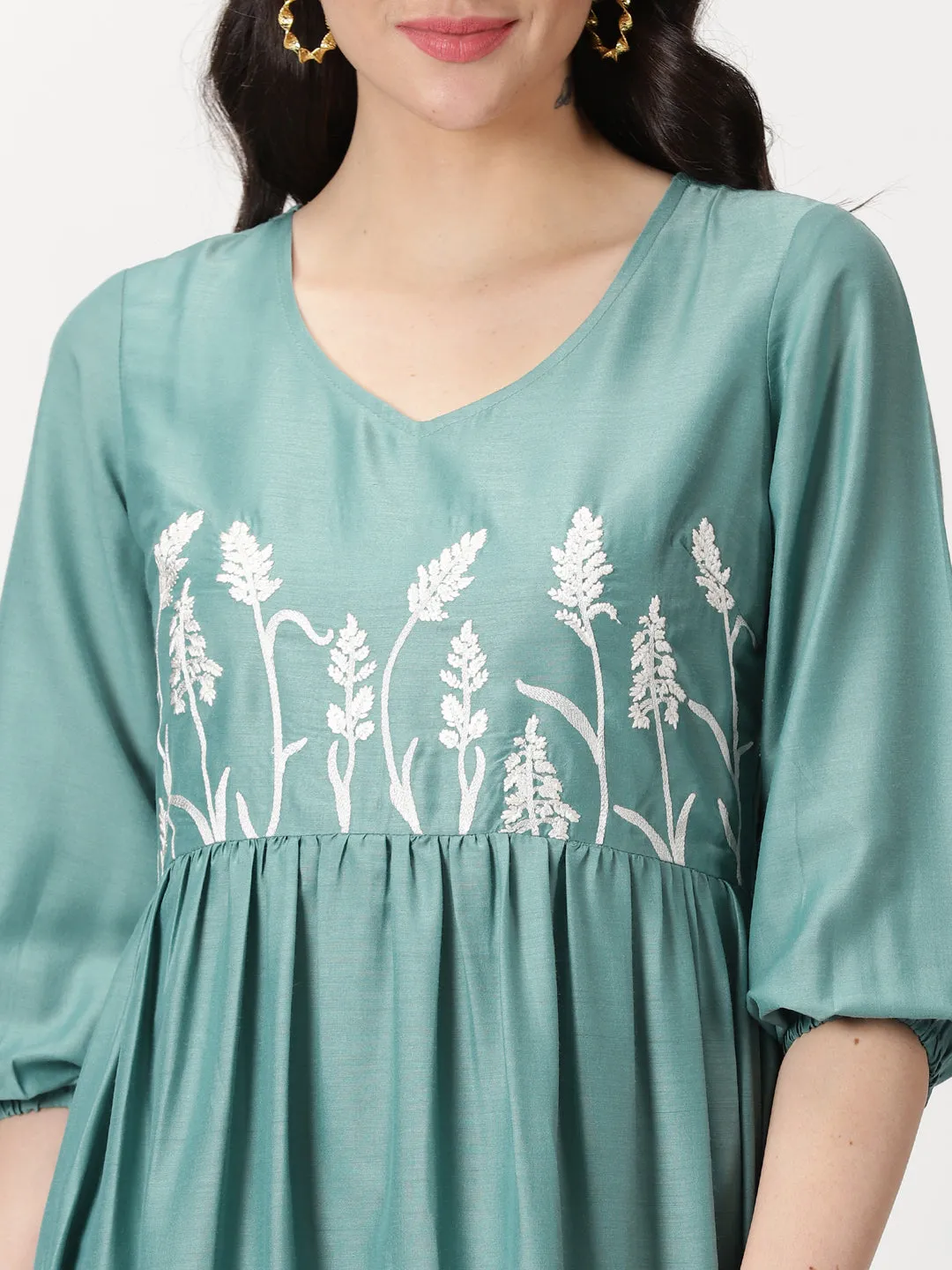 Sea Green Poly Muslin Boho Midi Dress with Yoke Embroidery