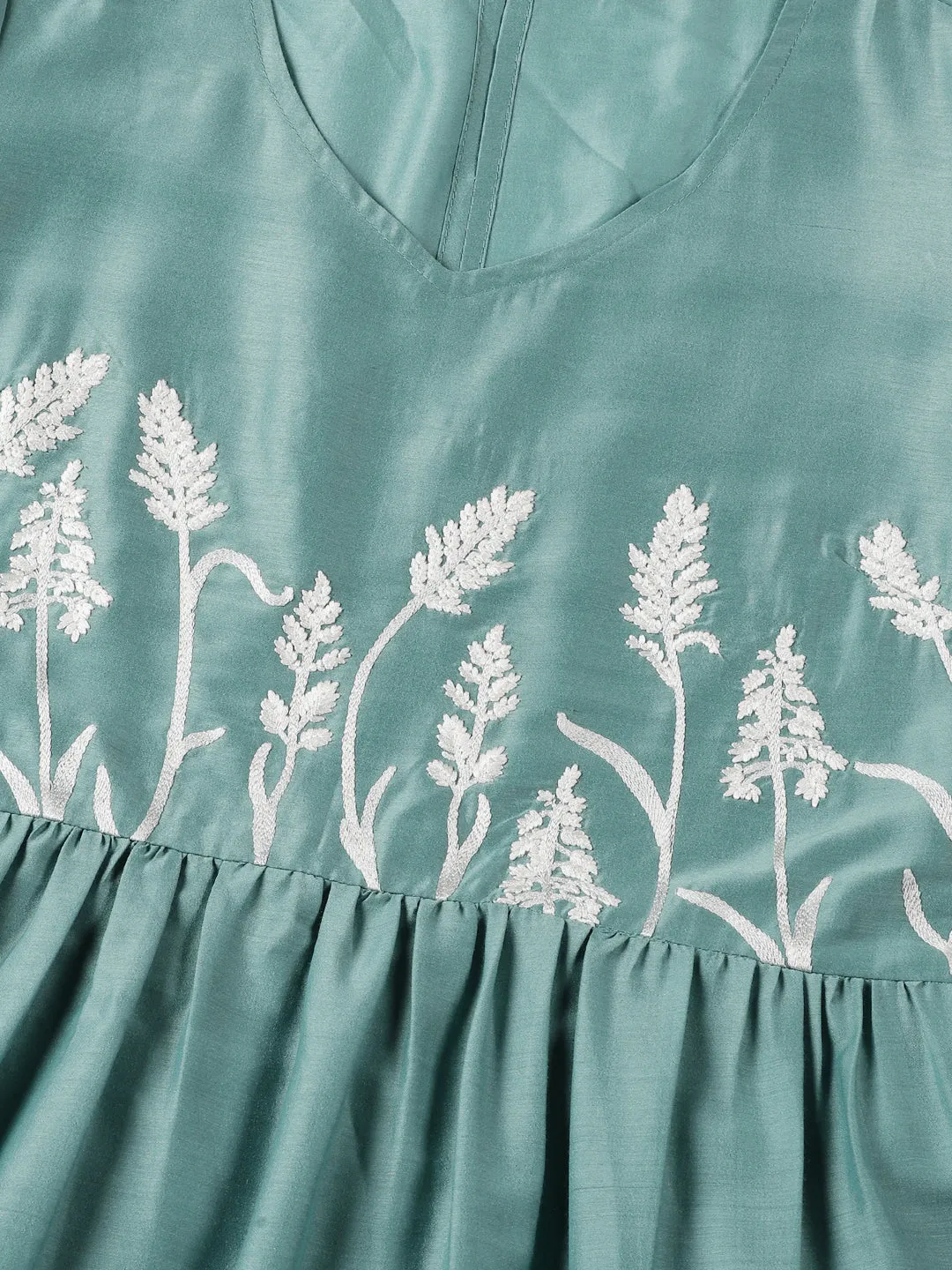 Sea Green Poly Muslin Boho Midi Dress with Yoke Embroidery