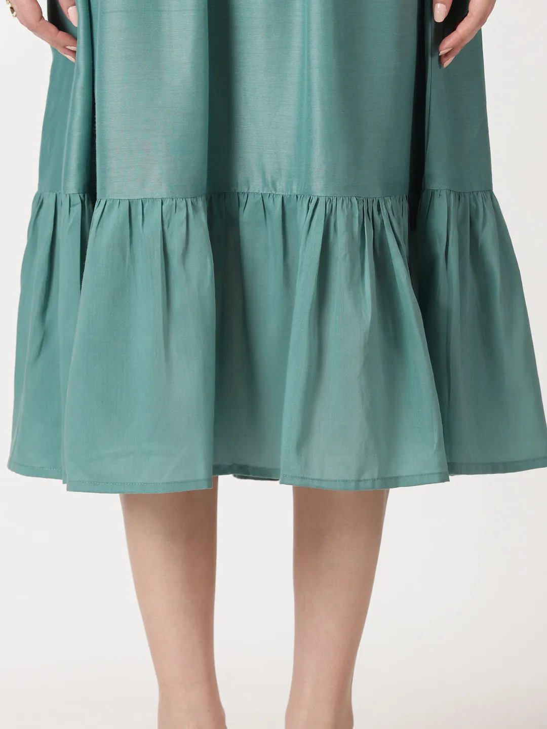 Sea Green Poly Muslin Boho Midi Dress with Yoke Embroidery