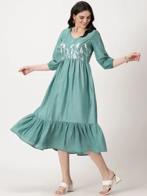 Sea Green Poly Muslin Boho Midi Dress with Yoke Embroidery