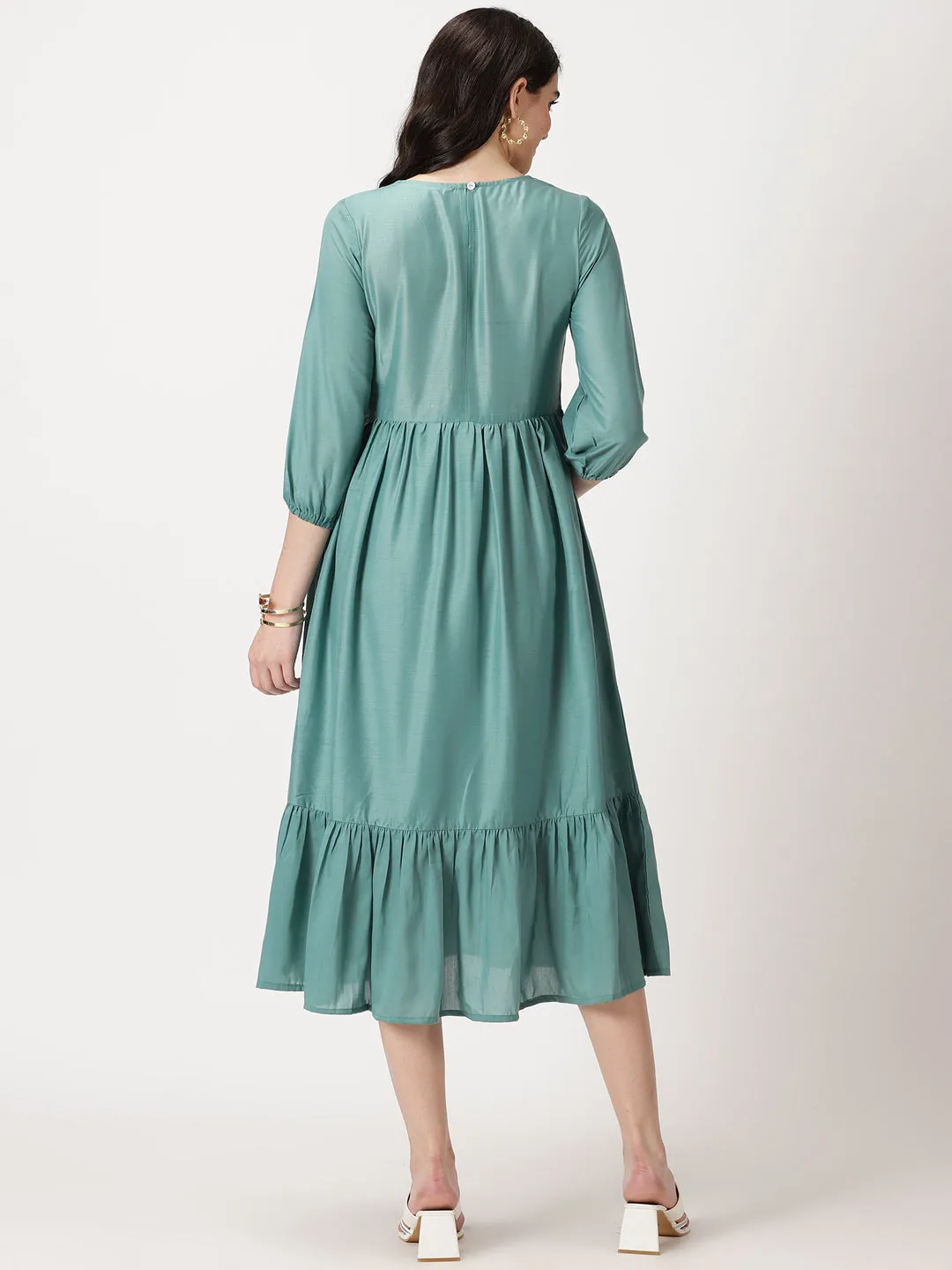 Sea Green Poly Muslin Boho Midi Dress with Yoke Embroidery
