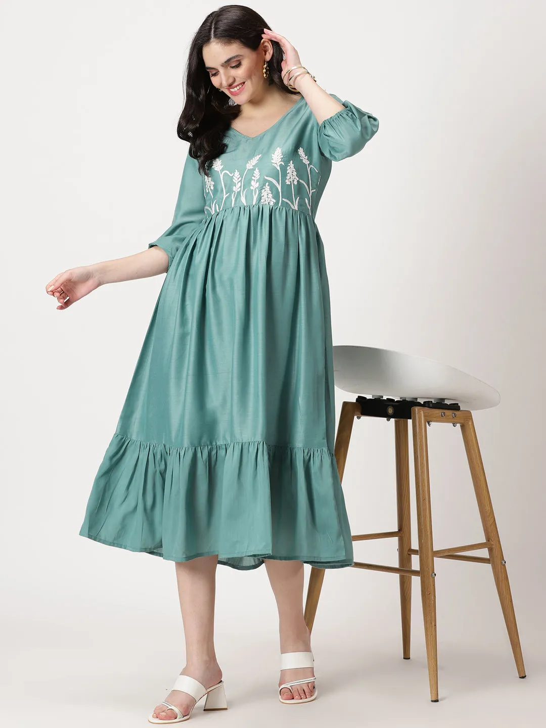 Sea Green Poly Muslin Boho Midi Dress with Yoke Embroidery