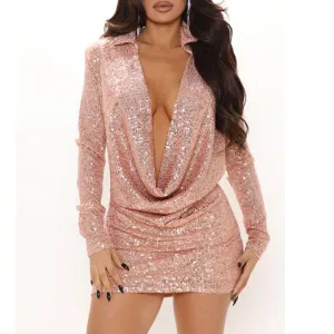 Sequins Cowl Neck Long Sleeve Bodycon Dress