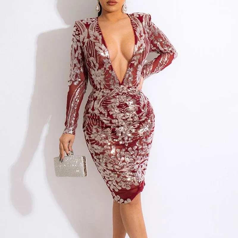 Sequins Deep V-Neck Long Sleeve Midi Dress