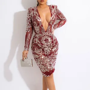 Sequins Deep V-Neck Long Sleeve Midi Dress