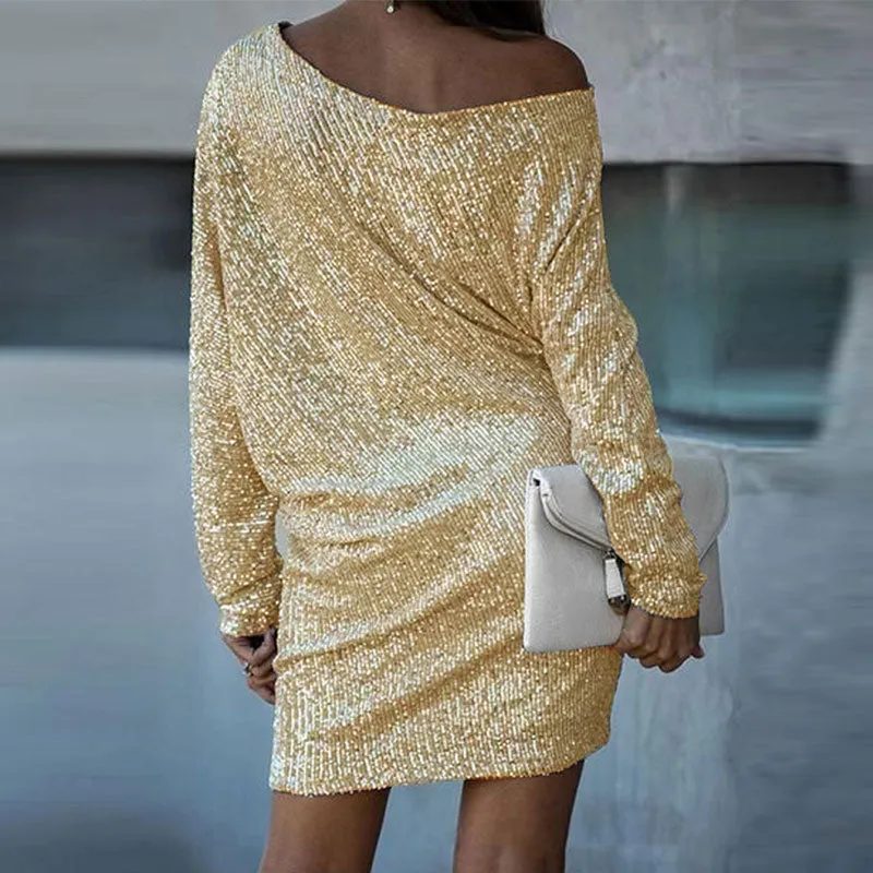 Sequins Oblique Shoulder Long Sleeve Mini Dress