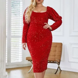 Sequins Square Neck Long Sleeve Slit Plus Size Dress