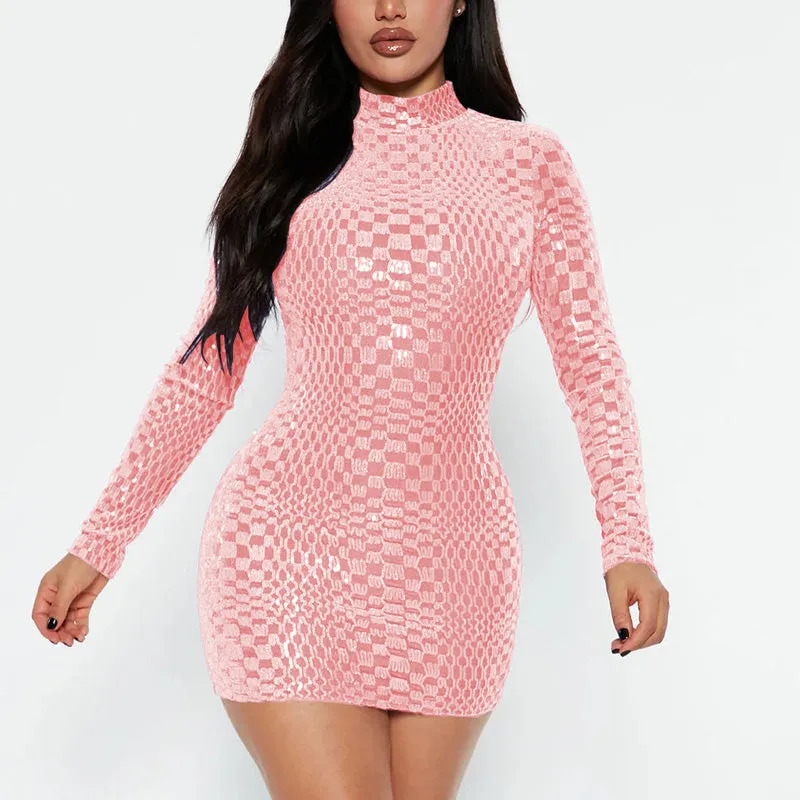 Sequins Turtleneck Long Sleeve Bodycon Dress