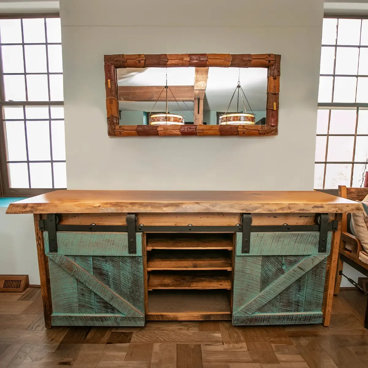 Settler Barnwood Sliding Door Buffet, Live Edge Top