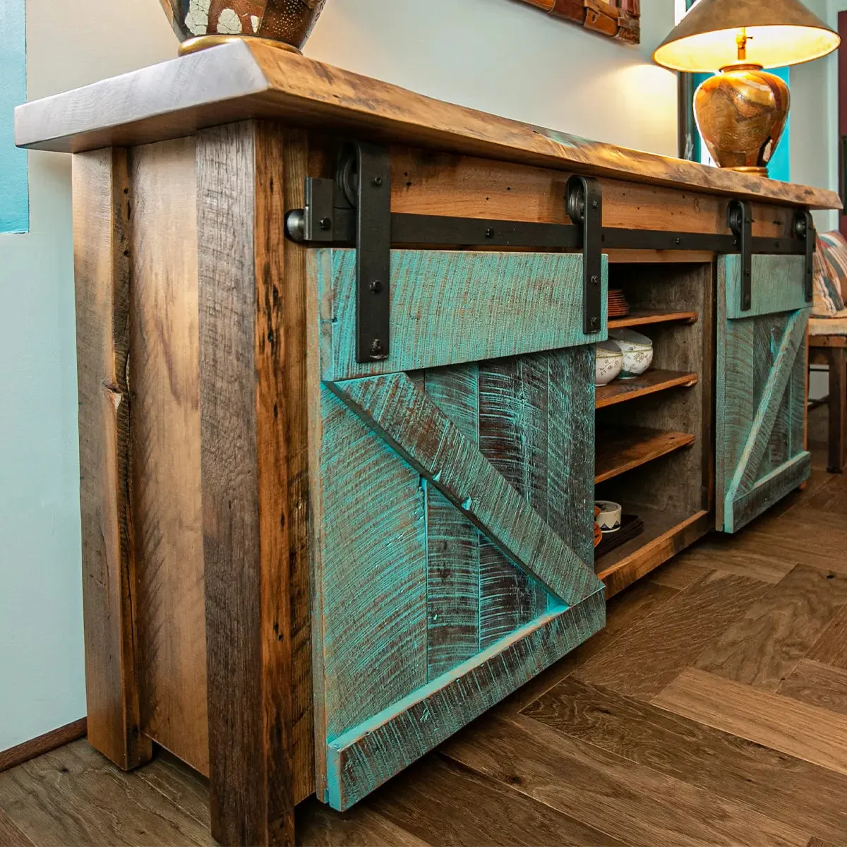 Settler Barnwood Sliding Door Buffet, Live Edge Top