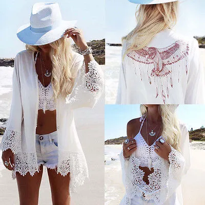 Sexy Ladies Women Lace Beach Wear Blouse Crochet Bikini beach Cover Up Swimwear Swimsuit saida de praia 2017 W03