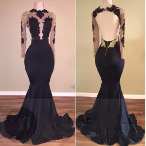 Sexy Mermaid Black Gold Long-Sleeve Prom Dresses