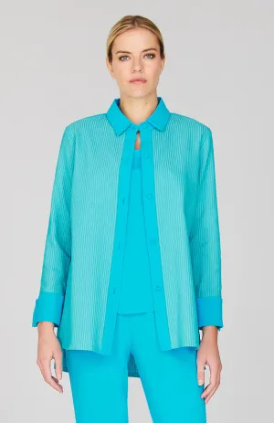 Sheer Stripe Collared Button Down w/Side Tab