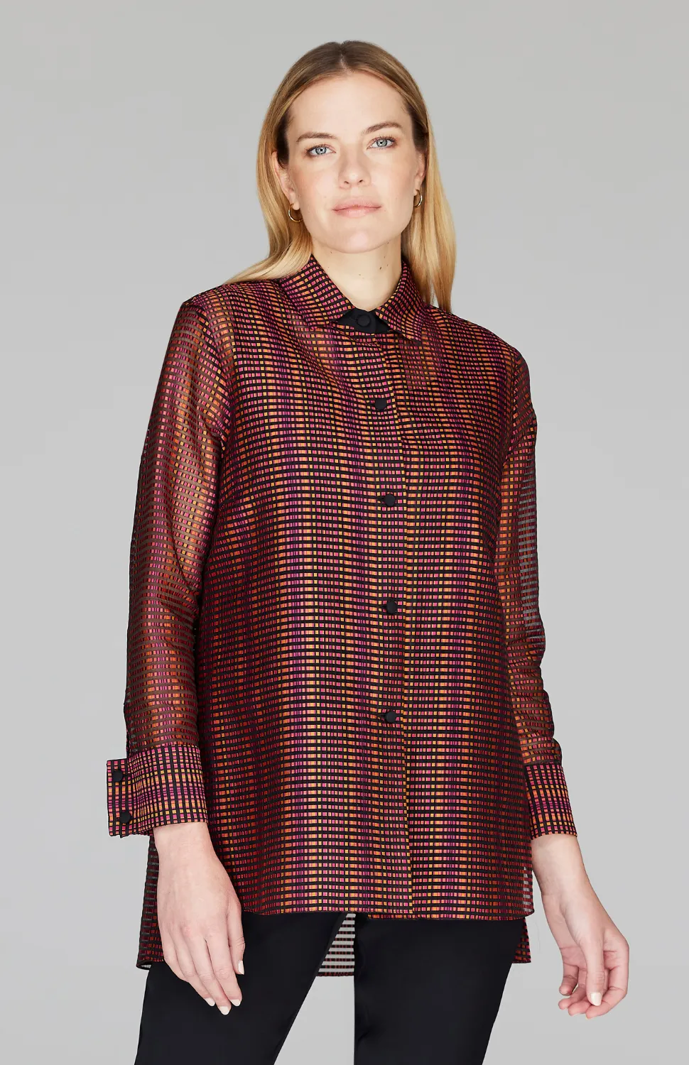 Sheer Stripe Collared Shirt w/ Side Tabs