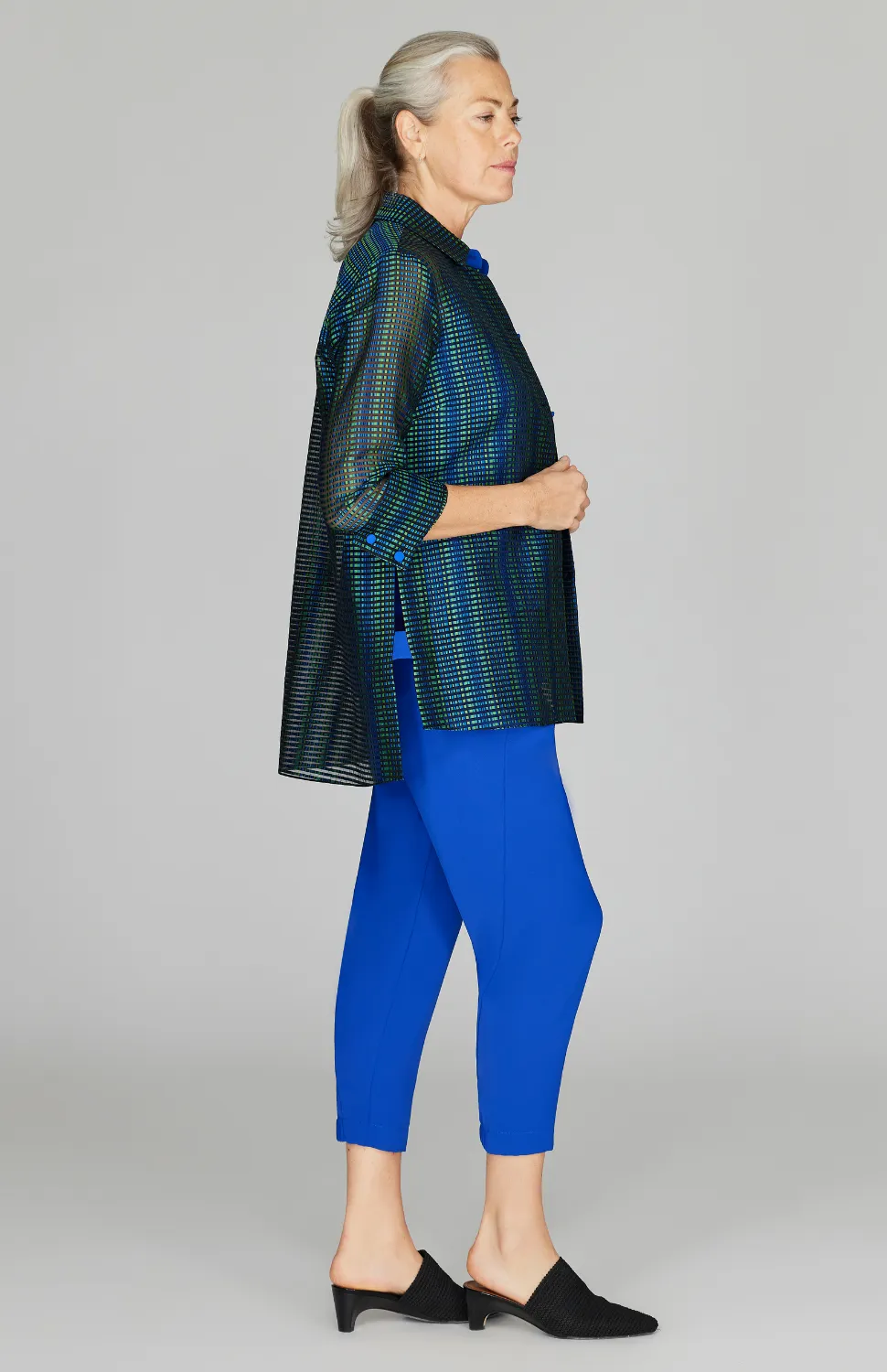 Sheer Stripe Collared Shirt w/ Side Tabs