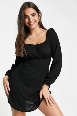 Shirred Cuff Fit & Flare Dress In Black