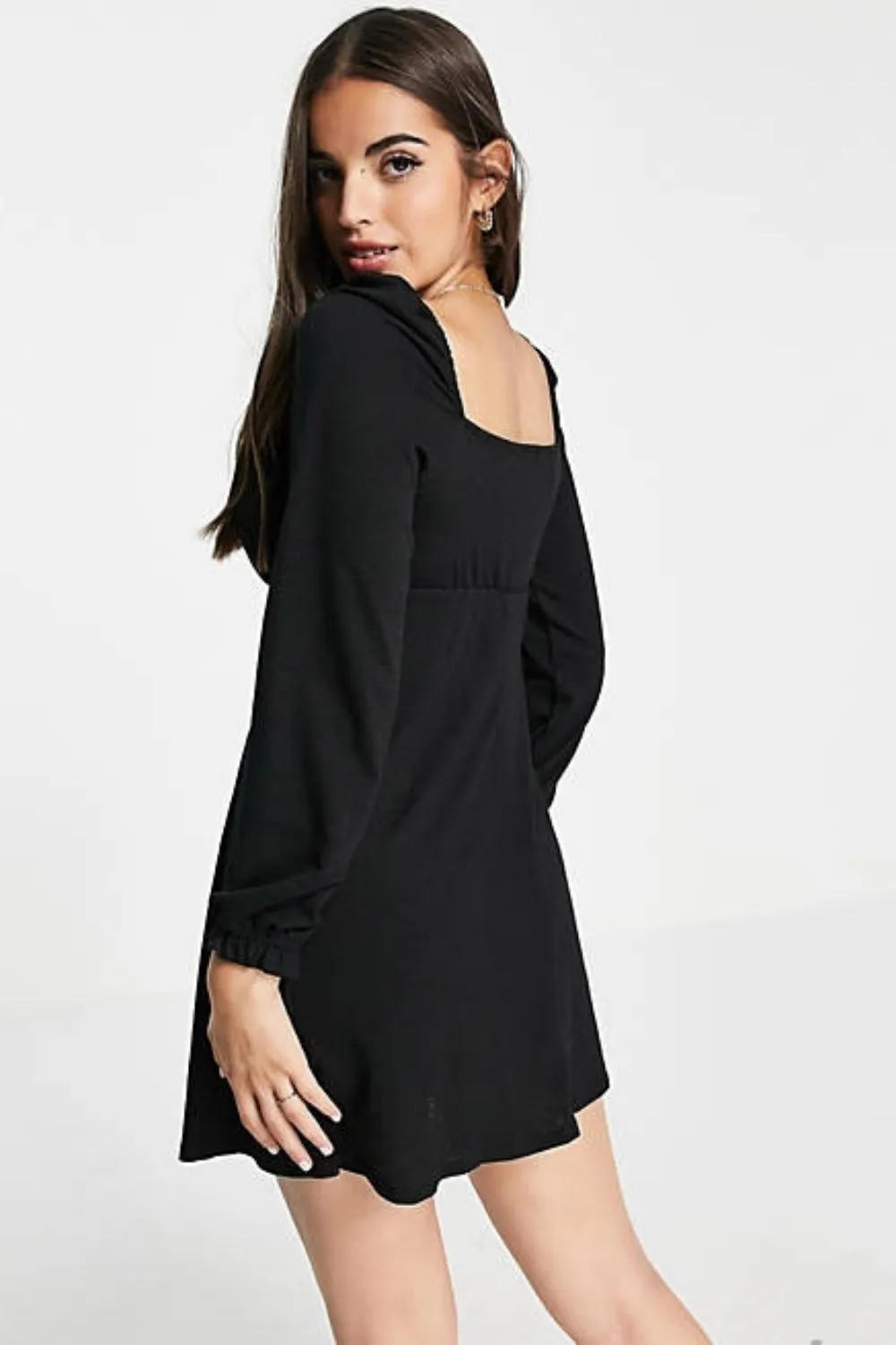 Shirred Cuff Fit & Flare Dress In Black