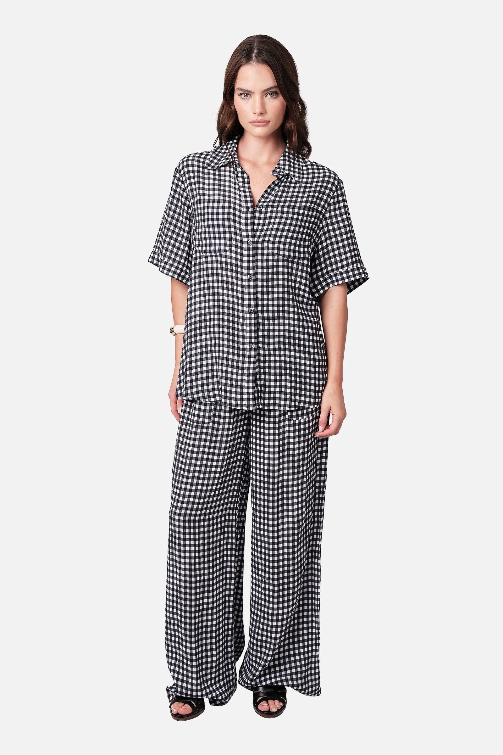 Short Sleeve Button-Up Shirt BLACK GINGHAM