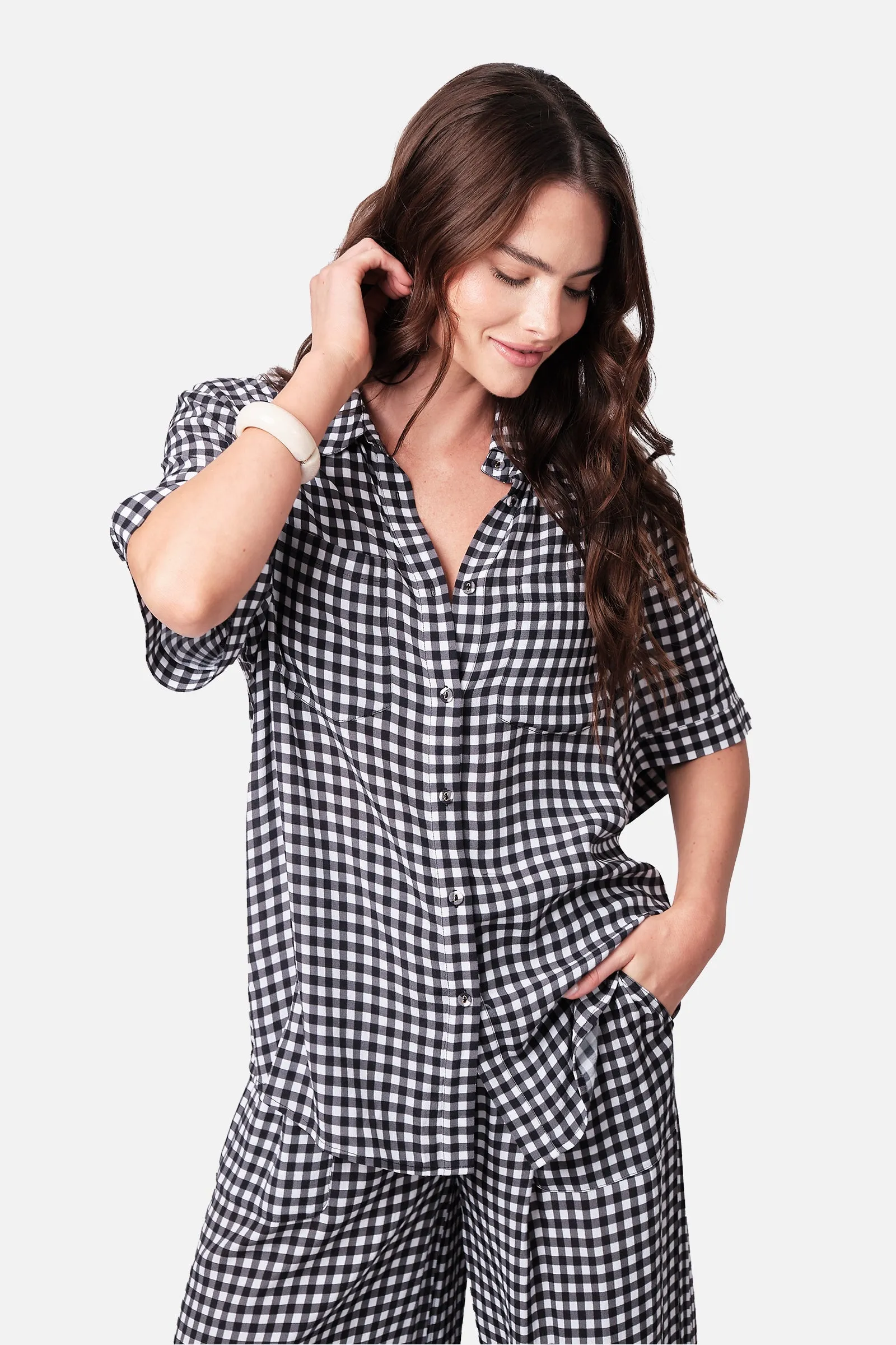 Short Sleeve Button-Up Shirt BLACK GINGHAM