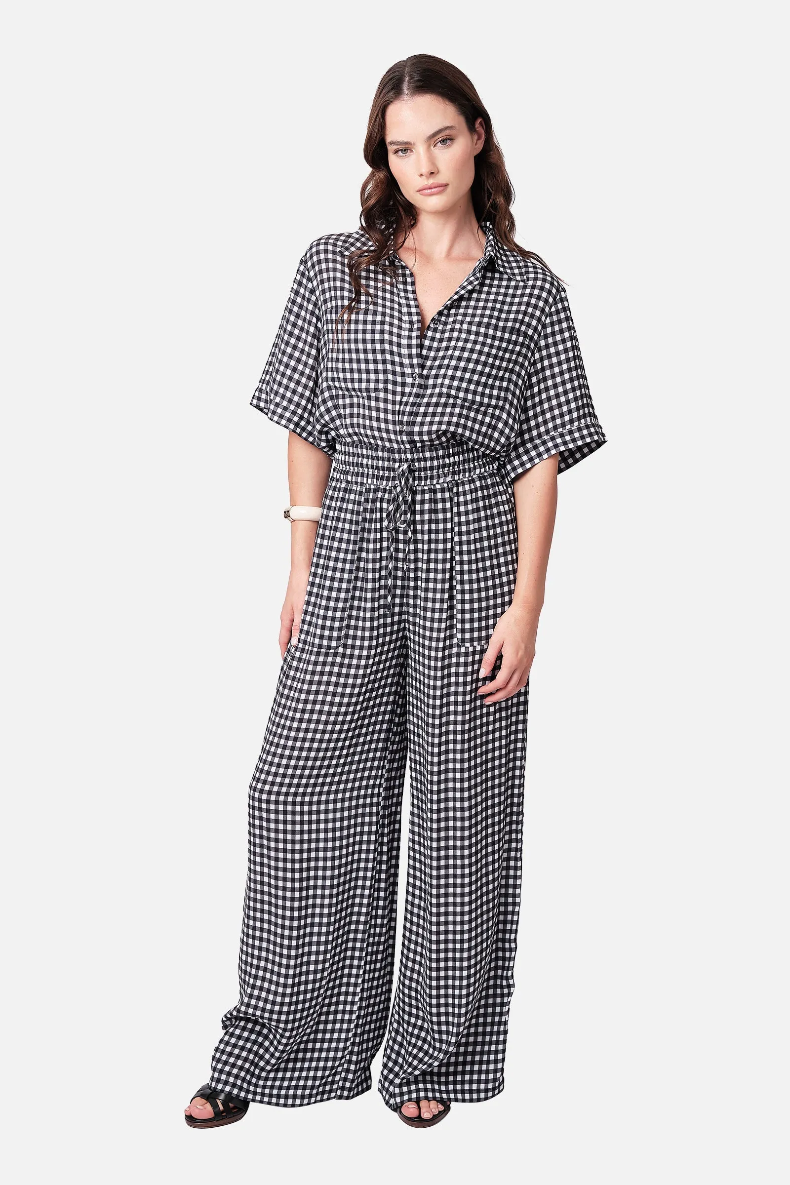 Short Sleeve Button-Up Shirt BLACK GINGHAM