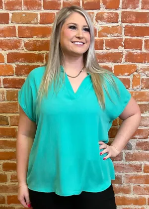 Short Sleeve Split V-Neck Blouse (Multiple Colors)