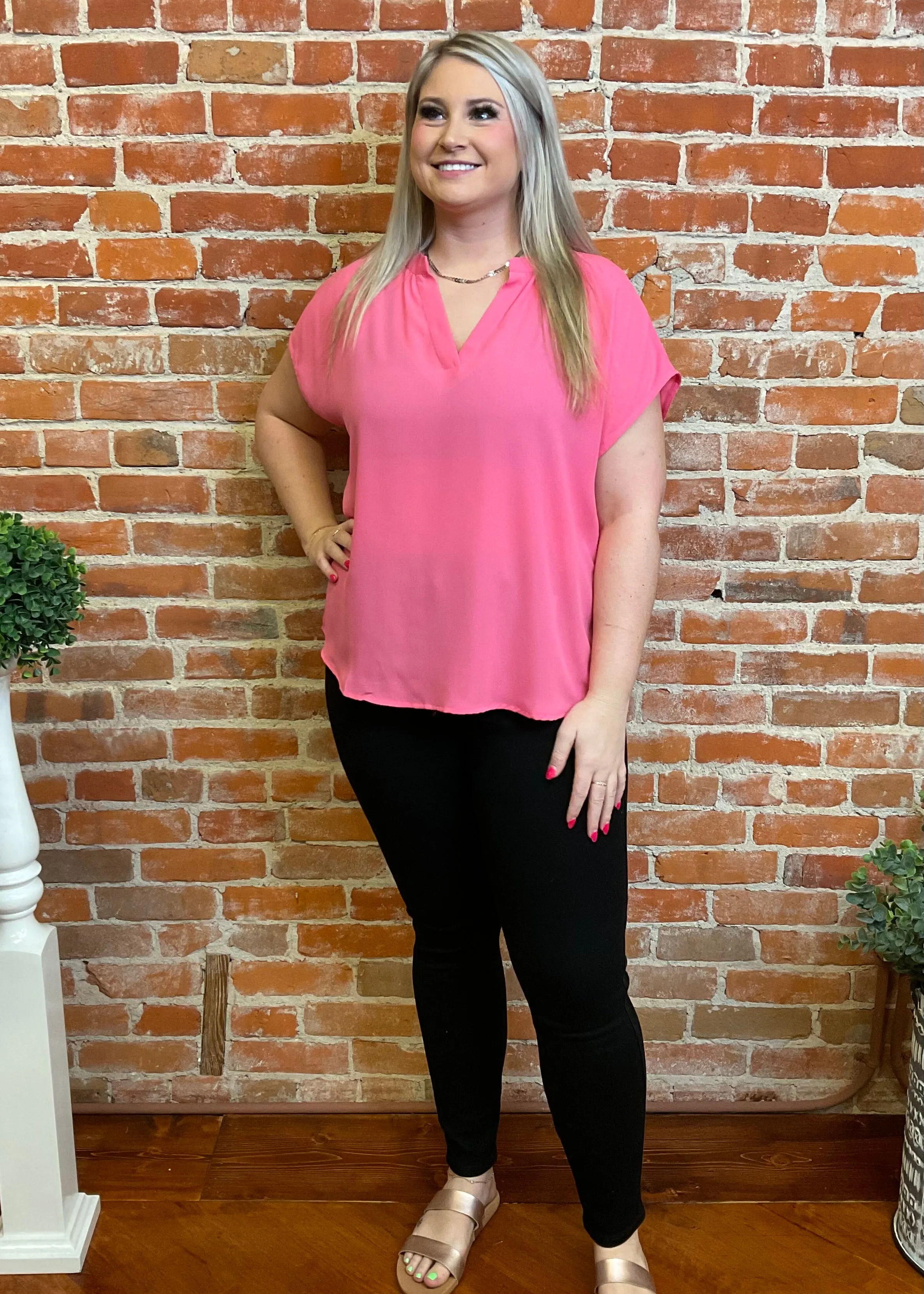 Short Sleeve Split V-Neck Blouse (Multiple Colors)