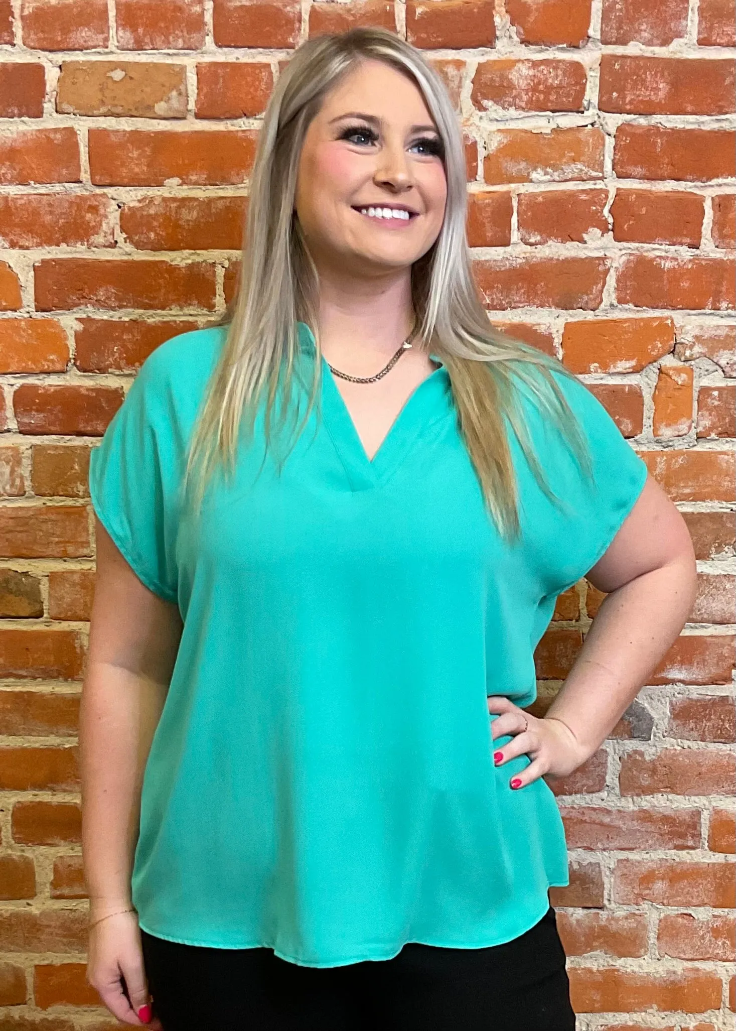 Short Sleeve Split V-Neck Blouse (Multiple Colors)