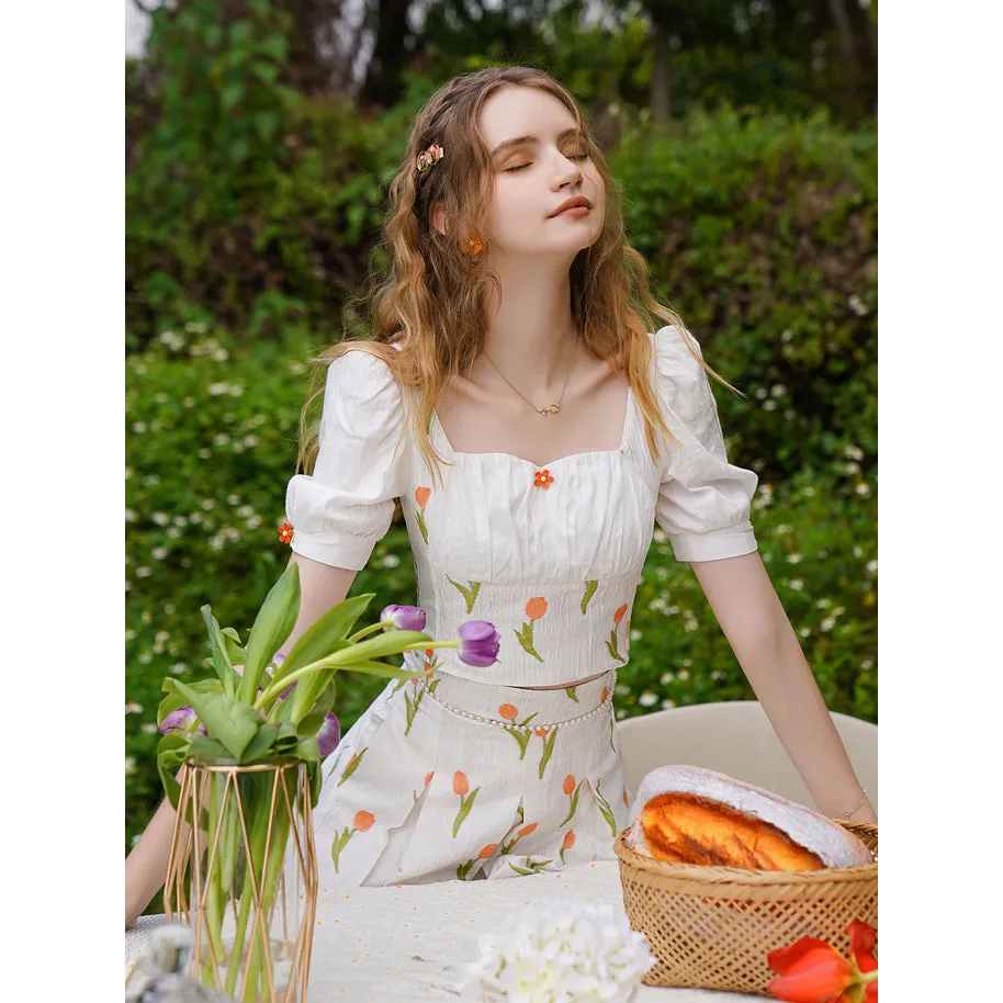 Short tops and long skirts with tulip flowers