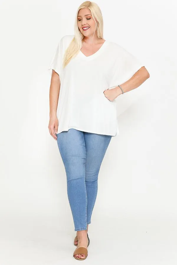 Side Slit With V-neck Dolman Short Sleeve Solid Blouse
