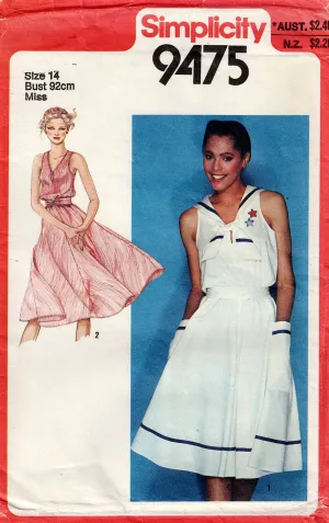 Simplicity 9475 Womens Pullover Dress with Full Skirt & Optional Sailor Collar 1980s Vintage Sewing Pattern Size 14 Bust 36 inches UNCUT Factory Folded