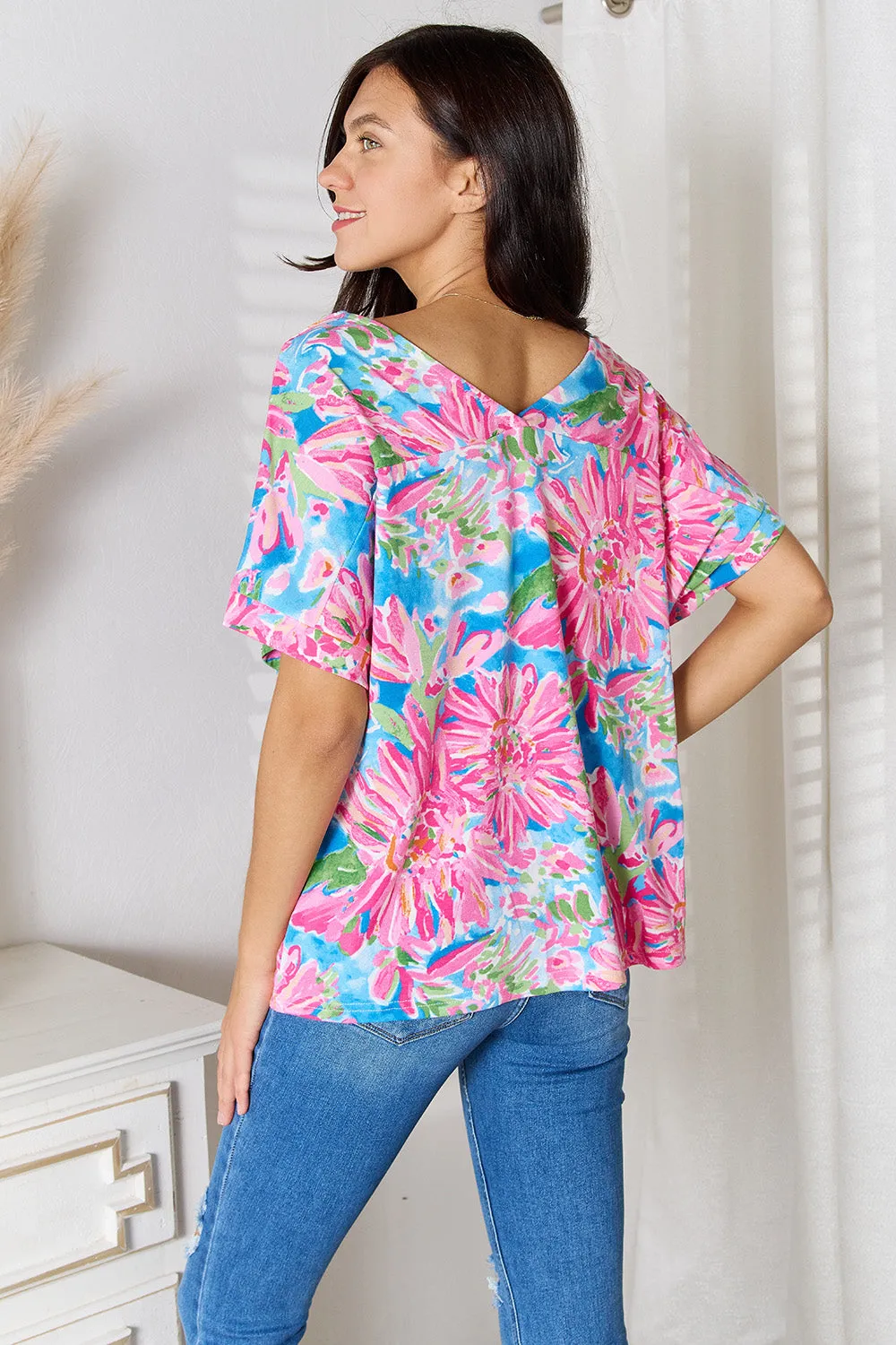 Size Large Pink Floral V-Neck Short Sleeve Blouse