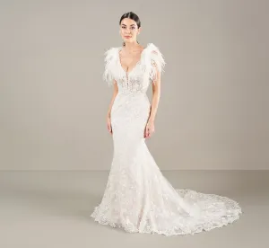 Slim Fit And Flare Gown With Detachable Feathers In Ivory Almond
