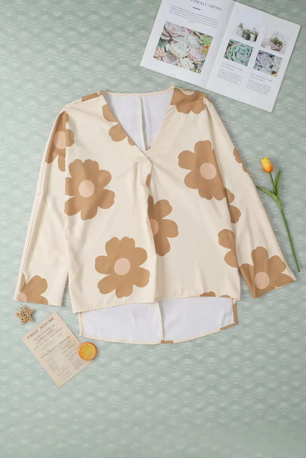 Slit Flower Printed V-Neck Blouse