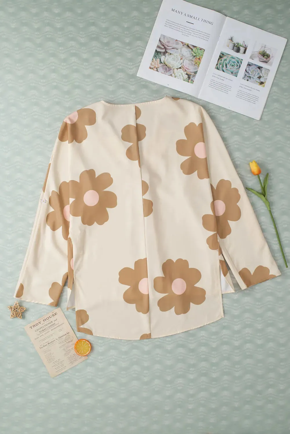 Slit Flower Printed V-Neck Blouse