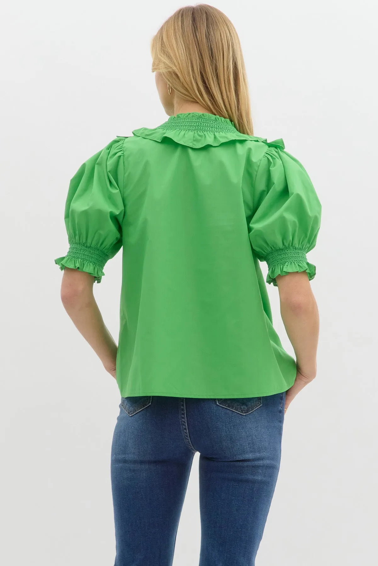 Smocked Embroidery V-Neck Top {Green}