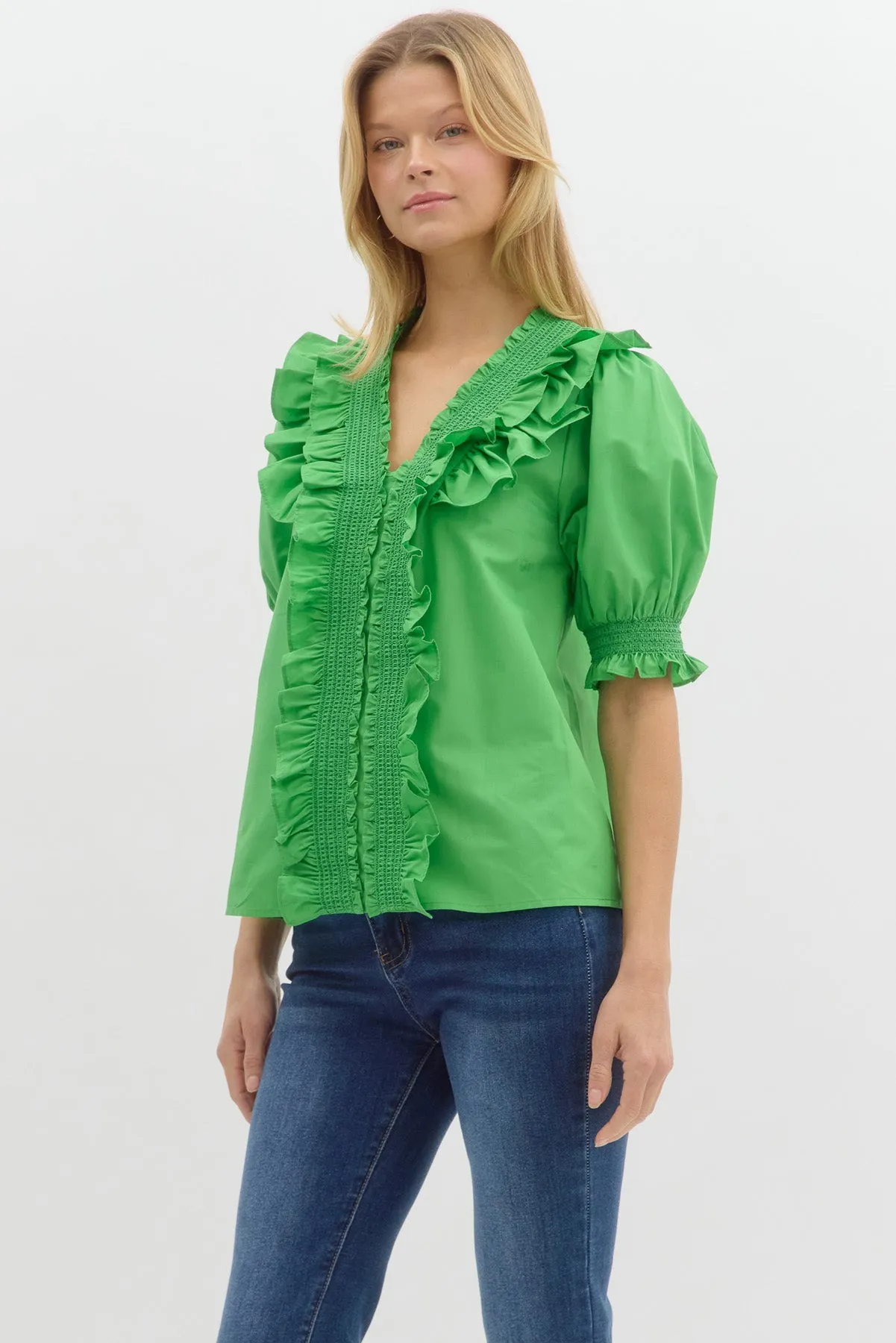 Smocked Embroidery V-Neck Top {Green}