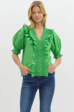 Smocked Embroidery V-Neck Top {Green}