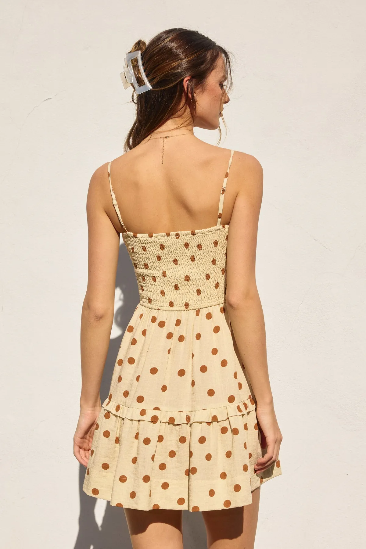 SMOCKED SWEETHEART MINI DRESS-CREAM DOT